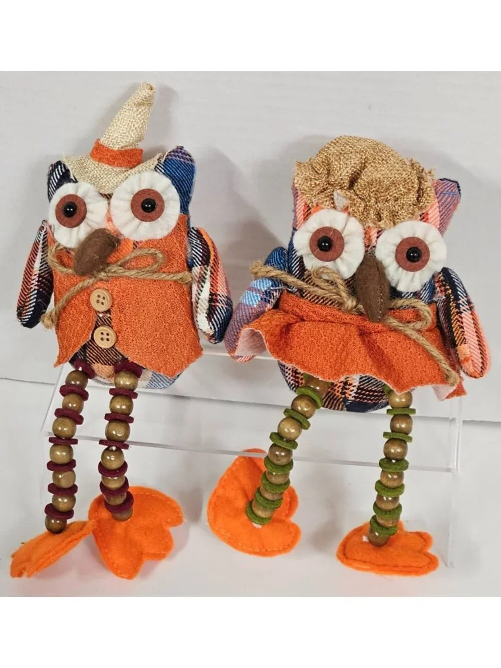Fall Plaid Owl Shelf Sitters Set of 2 Harvest Autumn Decor with Beaded Legs